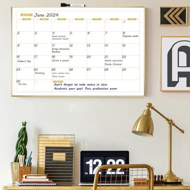Alt view image 7 of 7 - Monthly Calendar Whiteboard, 36" x 24" Magnetic Dry Erase Calendar with Gold Frame, Wall Planner Board for Home, Office, School