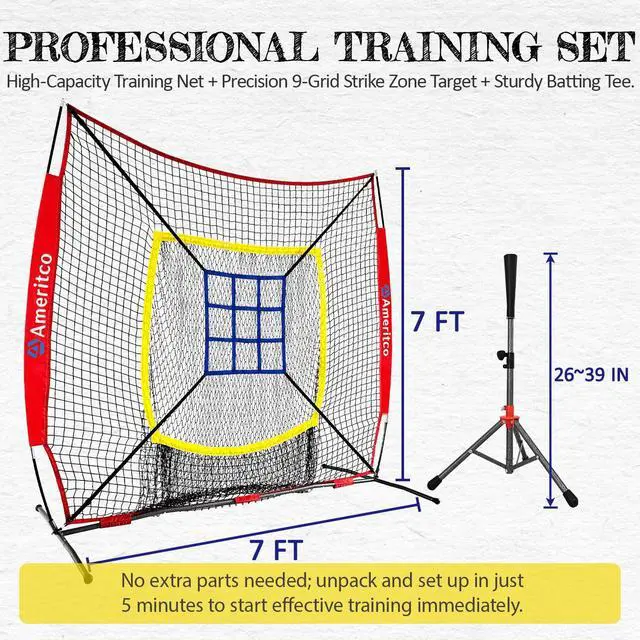 Alt view image 2 of 7 - Baseball Net7x7ft Baseball Practice Net with Tee and Target, Large Pocket Sports net for Hitting/Batting/Pitching/Throwing,Scratch Resistant Base, Versatile Use for All Levels