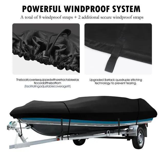 Alt view image 2 of 7 - Heavy Duty Jon Boat Cover, 14.1ft-17ft Marine Grade Waterproof Tarp Covers | Boat Cover with Adjustable Windproof Tightening Strap & Anti-UV fit 14ft 15ft 16ft 17ft Jon Boat, V-Hull, Fishing Boat