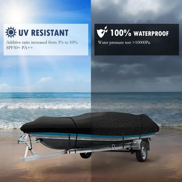 Alt view image 4 of 7 - Heavy Duty Jon Boat Cover, 14.1ft-17ft Marine Grade Waterproof Tarp Covers | Boat Cover with Adjustable Windproof Tightening Strap & Anti-UV fit 14ft 15ft 16ft 17ft Jon Boat, V-Hull, Fishing Boat
