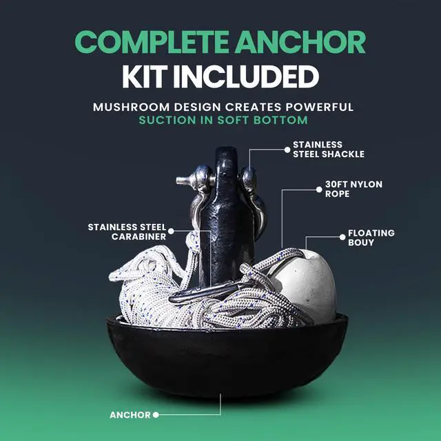 Alt view image 2 of 7 - Newport Premium 15lb Mushroom Anchor Kit w/Bag, Rope, Buoy, & Stainless Hardware