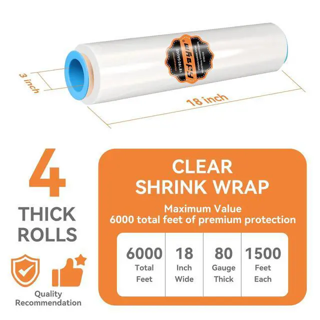 Alt view image 2 of 7 - Stretch Film Shrink Wrap Roll for Moving 18" x 1500', 4 Rolls | Industrial Plastic Saran Wrap Roll, 80 Gauge, 600% Stretch, For Moving, Packing, Pallets, Shipping & Furniture Protection