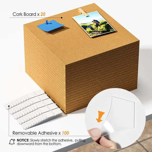 Alt view image 2 of 7 - 60" x 48" Large Cork Board for Wall, 20 Pack 12" x 12" Tiles | Self-Healing Natural Cork; Includes 40 Pushpins & Removable Adhesive Tabs; Flexible Board for Office, School & Home