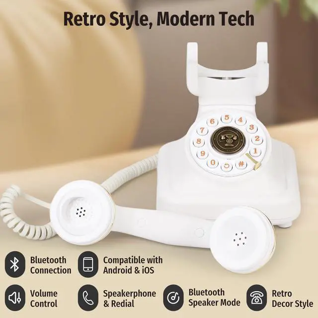 Alt view image 4 of 7 - Bluetooth Retro Desk Phone with Handset & Speakerphone, Classic Bluetooth Landline Telephone, Bluetooth Home Phone with USB Rechargeable Power, Hands-Free Calling & Music Playback, White