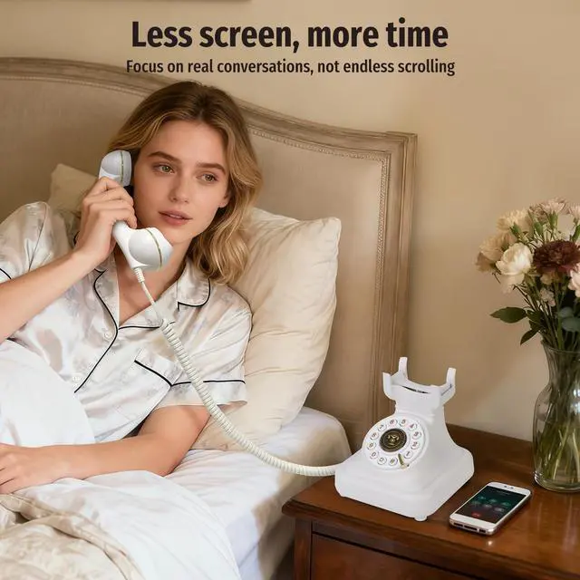 Alt view image 5 of 7 - Bluetooth Retro Desk Phone with Handset & Speakerphone, Classic Bluetooth Landline Telephone, Bluetooth Home Phone with USB Rechargeable Power, Hands-Free Calling & Music Playback, White
