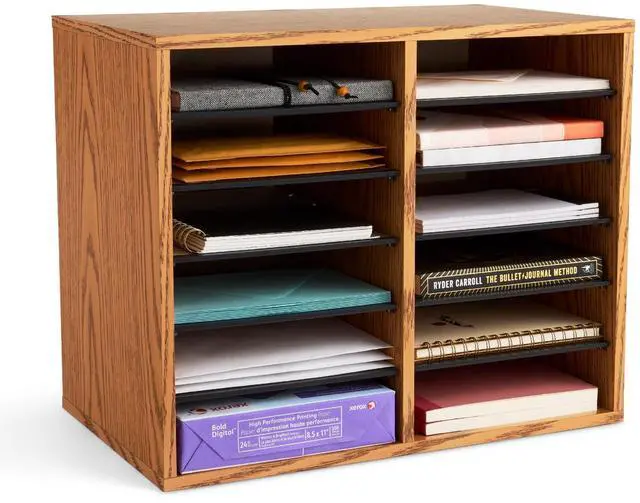 Main image of 9420MO Adjustable Literature & Paper Organizer, 12 Compartment Mailbox Cubby, Great for Home, Office, Classroom Organization, Medium Oak Wood, Durable Construction, Removable Shelves