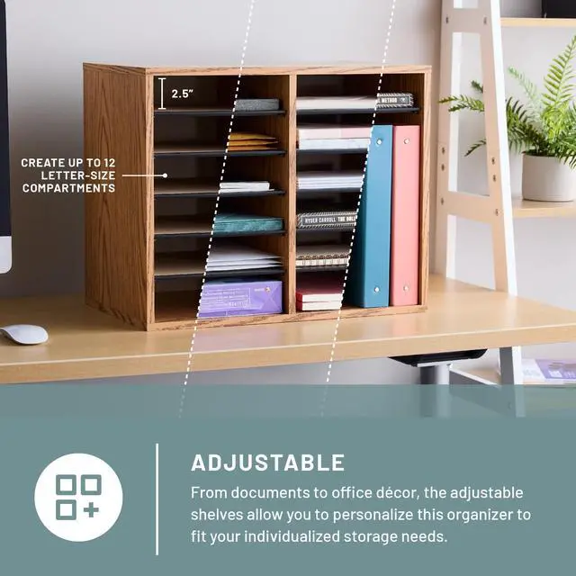 Alt view image 2 of 6 - 9420MO Adjustable Literature & Paper Organizer, 12 Compartment Mailbox Cubby, Great for Home, Office, Classroom Organization, Medium Oak Wood, Durable Construction, Removable Shelves