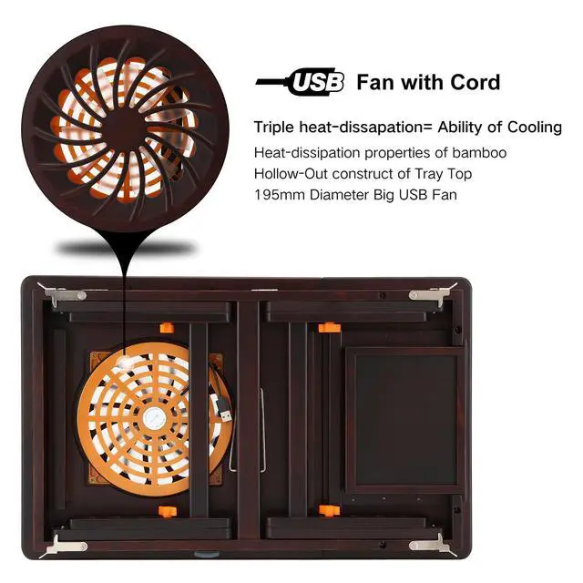 Alt view image 2 of 7 - Laptop Desk for Bed with Fan 7 Angles & 4 Heights Adjustable Bamboo Laptop Table Foldable Lap Desk with Drawer and Phone Slot for Bed Floor Sofa, Black Walnut