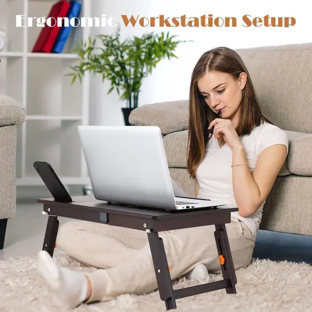 Alt view image 3 of 7 - Laptop Desk for Bed with Fan 7 Angles & 4 Heights Adjustable Bamboo Laptop Table Foldable Lap Desk with Drawer and Phone Slot for Bed Floor Sofa, Black Walnut