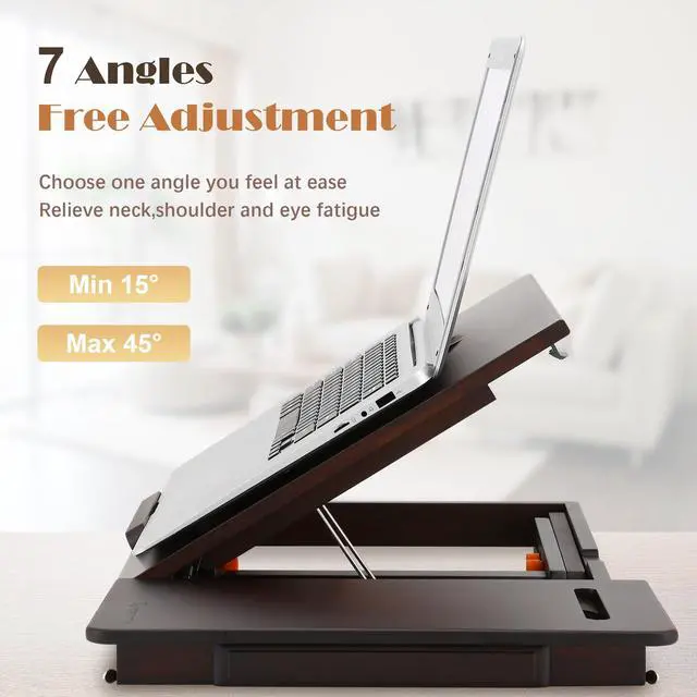 Alt view image 5 of 7 - Laptop Desk for Bed with Fan 7 Angles & 4 Heights Adjustable Bamboo Laptop Table Foldable Lap Desk with Drawer and Phone Slot for Bed Floor Sofa, Black Walnut