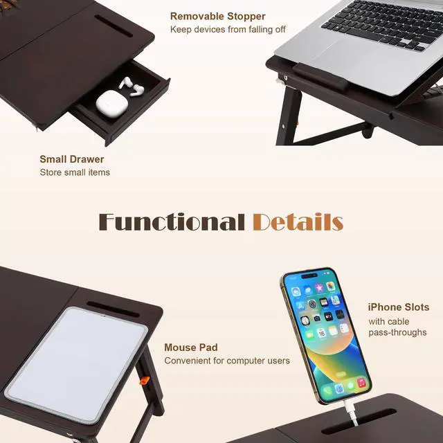 Alt view image 7 of 7 - Laptop Desk for Bed with Fan 7 Angles & 4 Heights Adjustable Bamboo Laptop Table Foldable Lap Desk with Drawer and Phone Slot for Bed Floor Sofa, Black Walnut