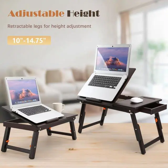 Alt view image 6 of 7 - Laptop Desk for Bed with Fan 7 Angles & 4 Heights Adjustable Bamboo Laptop Table Foldable Lap Desk with Drawer and Phone Slot for Bed Floor Sofa, Black Walnut