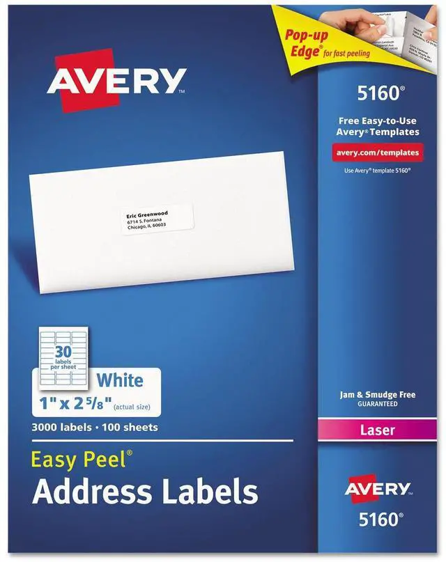 Main image of Easy Peel White Mailing Labels for Laser Printers, 1 x 2.62 Inch, Box of 3000 Labels (5160), 2-Pack