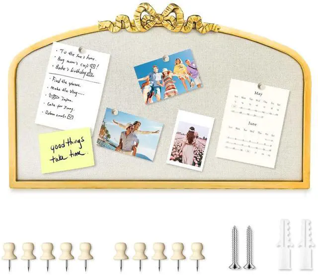 Main image of Vintage Arched Linen Cork Bulletin Board with Gold Bow 24"x 15" Elegant Decorative Pin Board for Walls, Metal Frame Vision Board for Notes, Photos, Inspiration, Chic Home Office Decor for Women