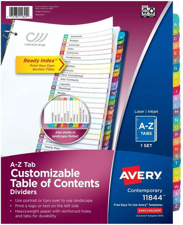 Main image of A-Z Dividers for 3 Ring Binders, 26 Tabs per Set, Customizable Table of Contents, Multicolor Arched Tabs, Great for Organizing Reports, Projects, and More (12 Sets of 11844)