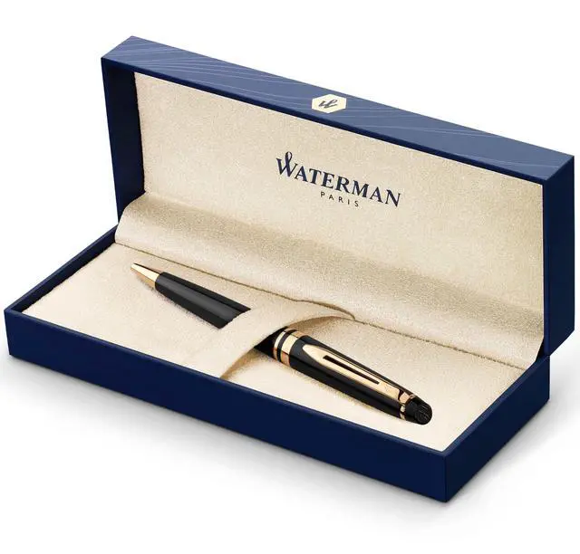 Main image of Expert Ballpoint Pen, Black with Golden Trim, Medium Tip, Blue Ink, Gift Box