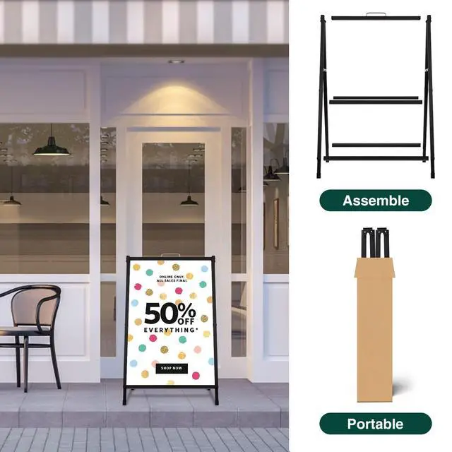 Alt view image 4 of 5 - Heavy Duty Slide-in Folding A-Frame Sidewalk Sign 24x36 Inch Black Coated Steel Metal Double-Sided,Only Frame,No poster board 2pack
