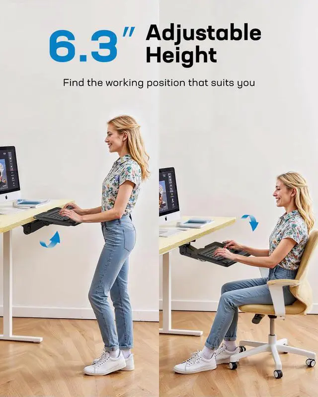 Alt view image 2 of 7 - Keyboard Tray Under Desk, Adjustable Ergonomic Keyboard & Mouse Tray, Flat Bottom Or Cross Beam Installation, Smooth Sliding Keyboard Holder for Typing in Home Office, Easy Setup, 25W x 9.84D