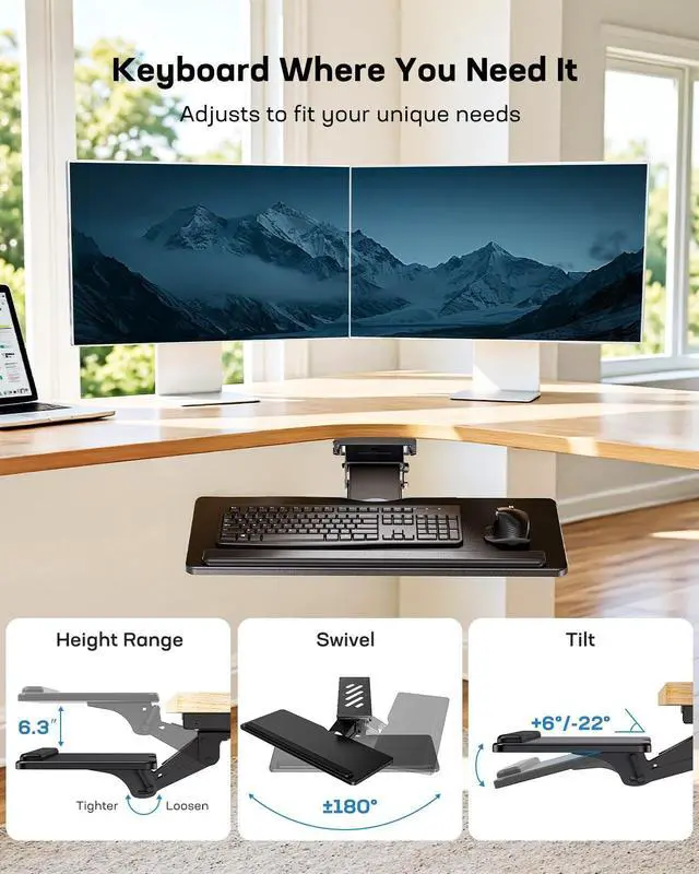 Alt view image 3 of 7 - Keyboard Tray Under Desk, Adjustable Ergonomic Keyboard & Mouse Tray, Flat Bottom Or Cross Beam Installation, Smooth Sliding Keyboard Holder for Typing in Home Office, Easy Setup, 25W x 9.84D