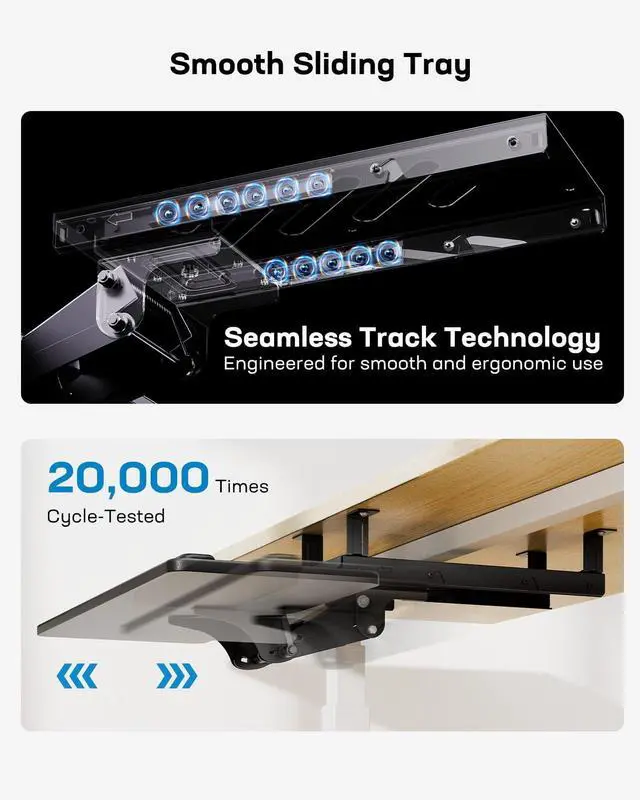 Alt view image 4 of 7 - Keyboard Tray Under Desk, Adjustable Ergonomic Keyboard & Mouse Tray, Flat Bottom Or Cross Beam Installation, Smooth Sliding Keyboard Holder for Typing in Home Office, Easy Setup, 25W x 9.84D