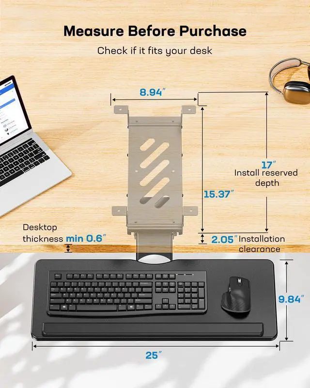 Alt view image 5 of 7 - Keyboard Tray Under Desk, Adjustable Ergonomic Keyboard & Mouse Tray, Flat Bottom Or Cross Beam Installation, Smooth Sliding Keyboard Holder for Typing in Home Office, Easy Setup, 25W x 9.84D