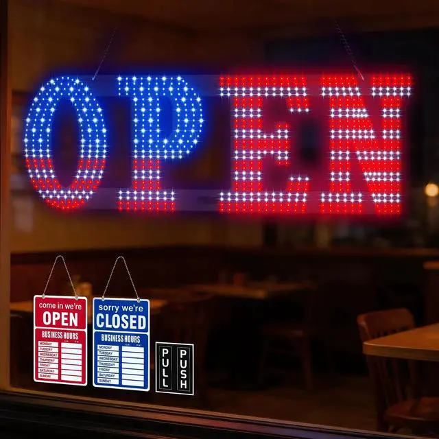 Alt view image 2 of 7 - LED Open Signs for Business, 30" x 10" Large super Bright LED open Sign, Dimmable US Flag Design Storefront Display, 12 Modes Flashing for Shop Bar Cafes Window (High Brightness)