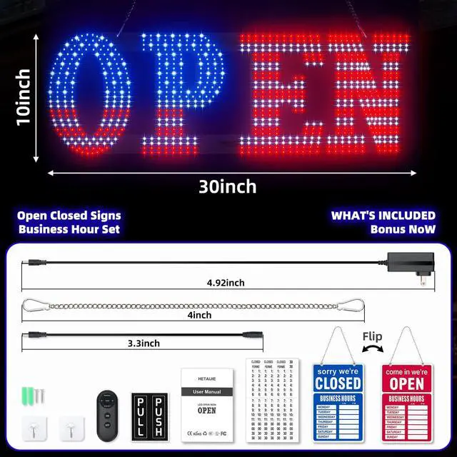 Alt view image 6 of 7 - LED Open Signs for Business, 30" x 10" Large super Bright LED open Sign, Dimmable US Flag Design Storefront Display, 12 Modes Flashing for Shop Bar Cafes Window (High Brightness)