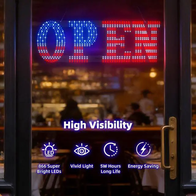 Alt view image 7 of 7 - LED Open Signs for Business, 30" x 10" Large super Bright LED open Sign, Dimmable US Flag Design Storefront Display, 12 Modes Flashing for Shop Bar Cafes Window (High Brightness)