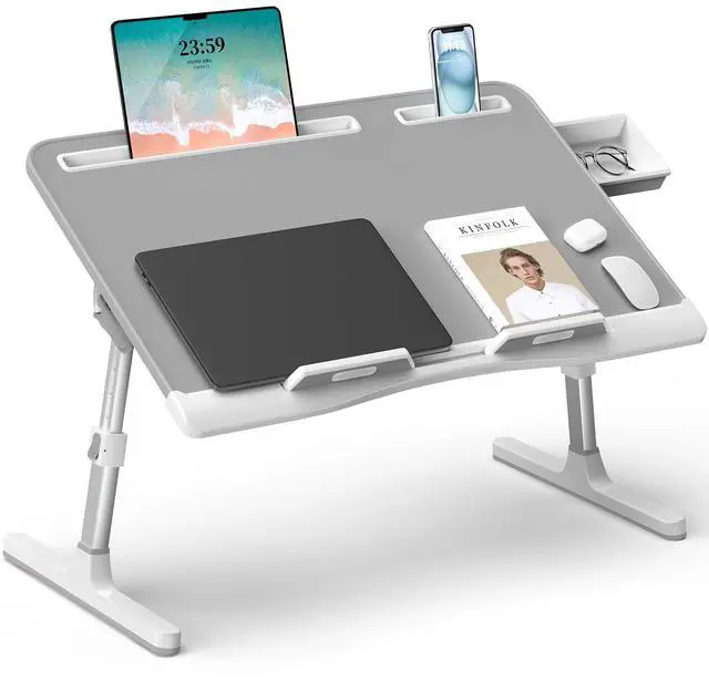 Main image of Laptop Bed Desk, X-Large Leather Adjustable Computer Bed Table Tray, Foldable Laptop Lap Desk for Bed Sofa Couch Floor Writing Eating Working with Drawer 2 Movable Stoppers (23.6 inch, Grey)