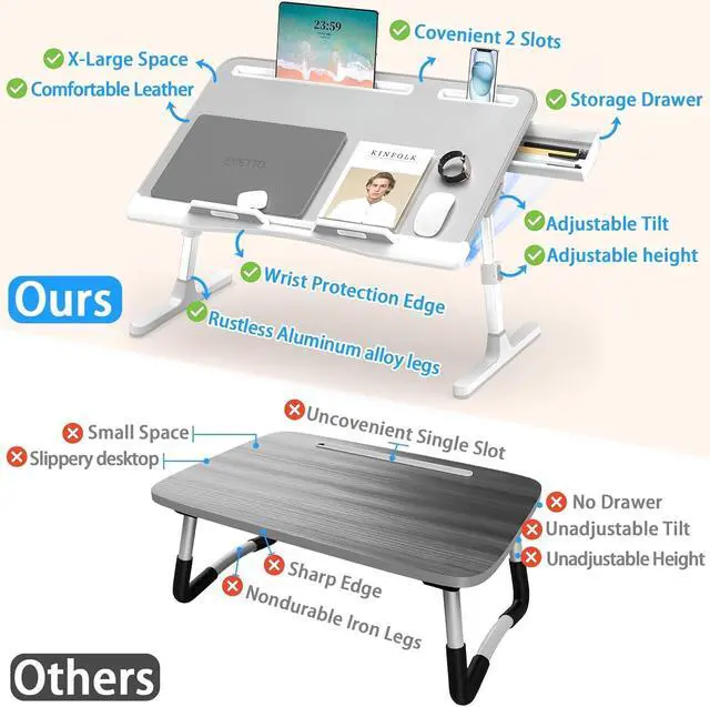 Alt view image 6 of 6 - Laptop Bed Desk, X-Large Leather Adjustable Computer Bed Table Tray, Foldable Laptop Lap Desk for Bed Sofa Couch Floor Writing Eating Working with Drawer 2 Movable Stoppers (23.6 inch, Grey)