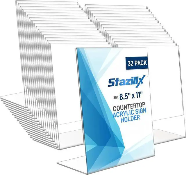 Main image of 32 Pack Acrylic Sign Holder 8.5x11, Standing L-Shape Vertical Menu Holder Stand, Flyer Display Stand, Table Paper Holder, Plastic Sign Display Stand for Restaurants, Store, Office
