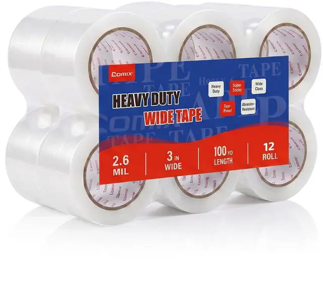 Main image of Extra-Wide Crystal Clear Packing Tape for Dispenser Refill, 3" x 100 Yd/Per Roll, 2.6 Mil Thick, Fast Sealing of Large Boxes Packing, Shipping and Mailing, 12 Pack