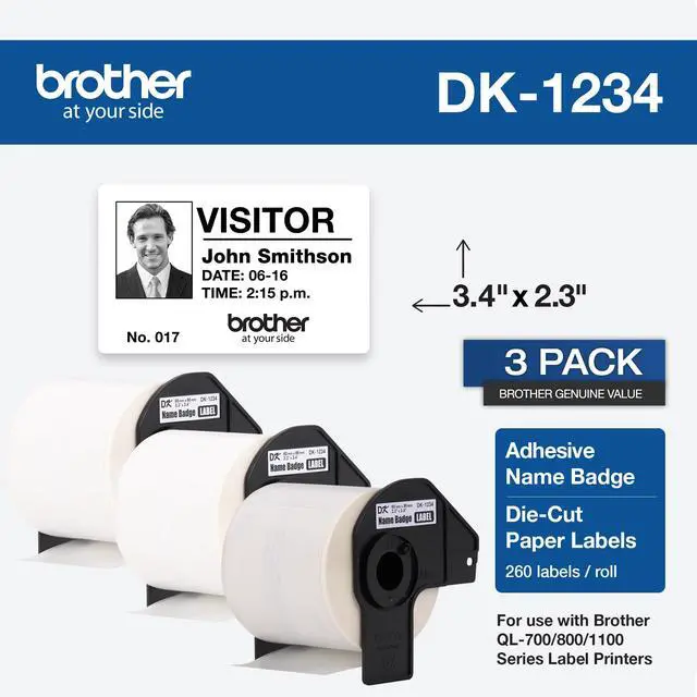 Alt view image 2 of 6 - Genuine DK-12343PK Die-Cut Name Badge Paper Labels, 2.3 in x 3.4 in (60 mm x 86 mm) Adhesive Name Badge White Paper Labels, 260 Labels per Roll, (3) Rolls per Box