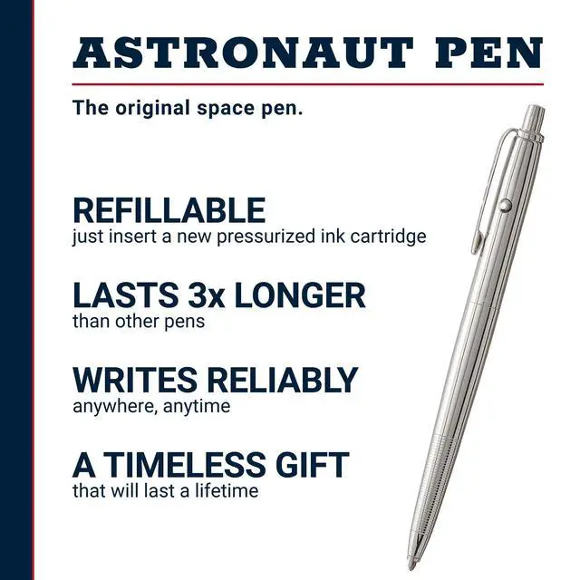 Alt view image 2 of 7 - Space Pen Chrome Original Astronaut Pen, Gift Box | Pressurized Ballpoint Pen Writes Upside Down and in Extreme Temperatures, Black Ink, Medium Point, Pocket Clip, Made in USA