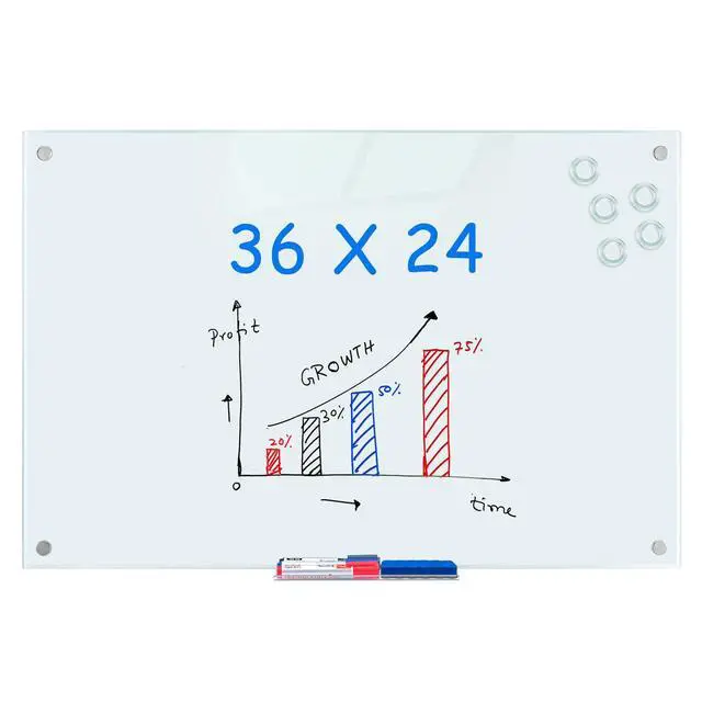 Main image of Magnetic Glass Dry Erase White Board, 36 x 24 Inches Glass Board for Wall Mounted, Includes 6 Magnets, 3 Markers and 1 Eraser for Classroom Home, Office Supplies (White)