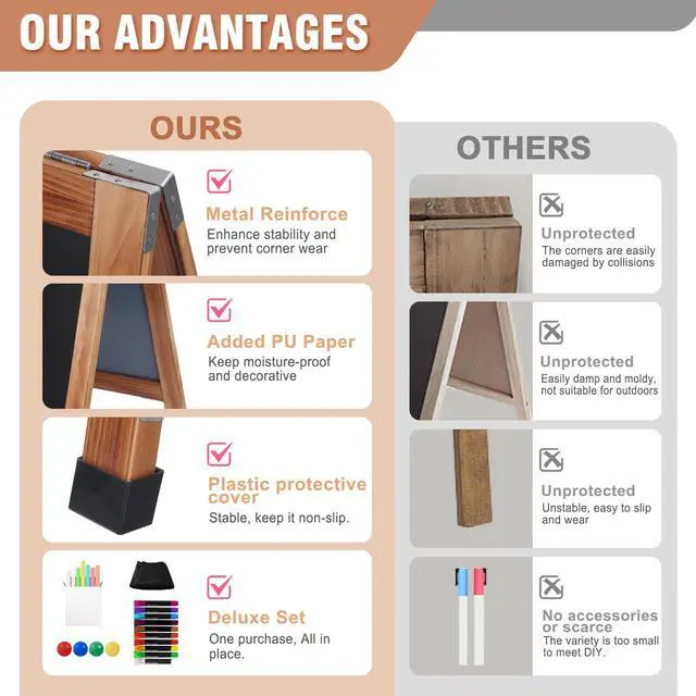 Alt view image 5 of 7 - Solid Wood A-Frame Chalkboard - 30" x 20" Magnetic Sandwich Board Signs Outdoor Standing Chalk Board Easel Sidewalk Pizarra for Menu, Business, Wedding - Rustic Brown