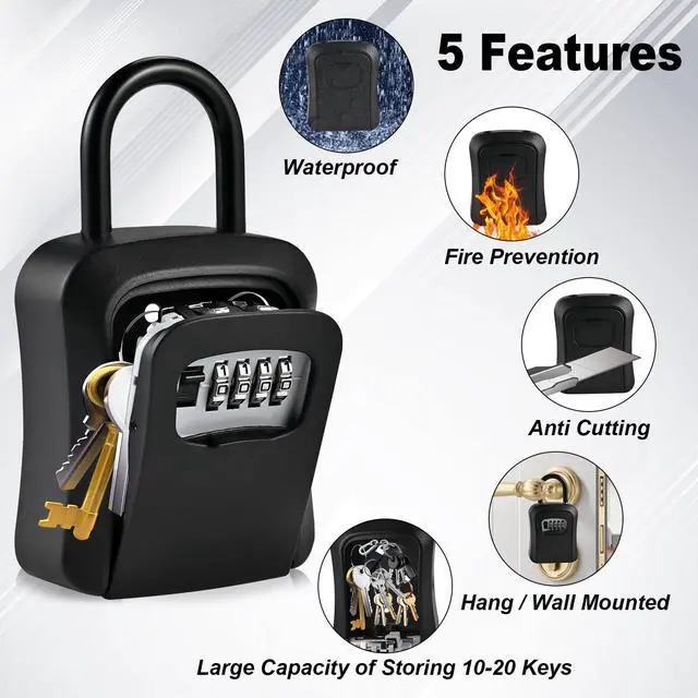 Alt view image 3 of 7 - 6 PCS L Large Key Lock Box, 4.5x3.7x1.5 Waterproof Kirsite Combination Lockbox for Keys Outdoor, Portable Key Lock Box Wall Mount with Code (L Size, Black)