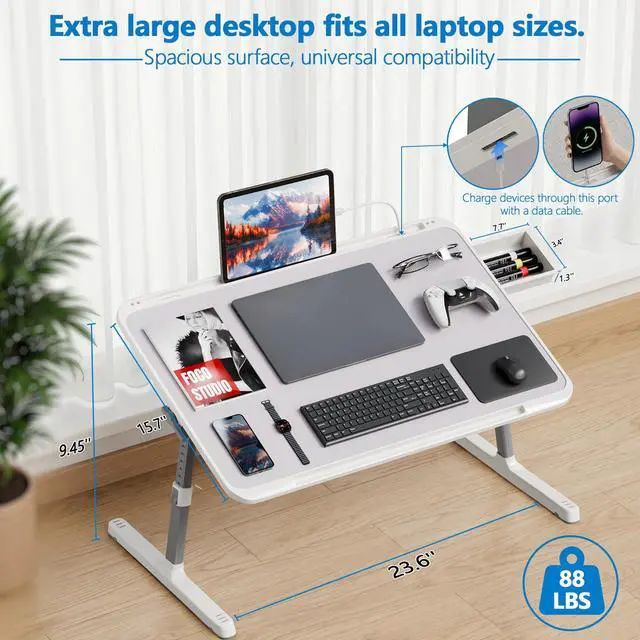 Alt view image 2 of 7 - Adjustable Lap Desk,Large Smooth Easy-Clean Wood Grain Desktop,Foldable Laptop Bed Tray Table with Storage Drawer,Portable Laptop Stand Fits 17" Laptop for Bed Couch Floor (Light Gray)