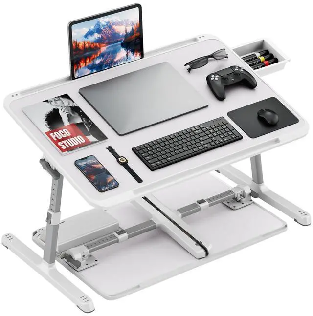 Main image of Adjustable Lap Desk,Large Smooth Easy-Clean Wood Grain Desktop,Foldable Laptop Bed Tray Table with Storage Drawer,Portable Laptop Stand Fits 17" Laptop for Bed Couch Floor (Light Gray)