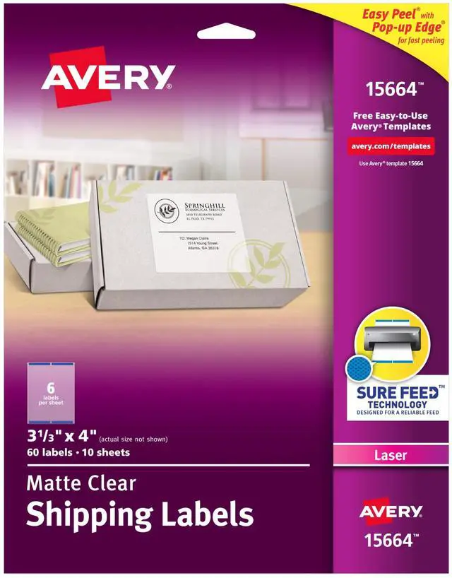 Main image of Matte Clear Shipping Labels, Sure Feed Technology, Laser, 3-1/3" x 4", 60 Labels, 5 Packs (15664)