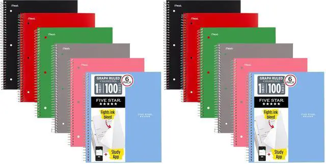 Main image of Spiral Notebook + Study App,1 Subject,Graph Ruled Paper,8-1/2" x 11",100 Sheets,Fights Ink Bleed,Water Resistant Cover,Assorted Colors (73549),6 Count (Pack of 2)