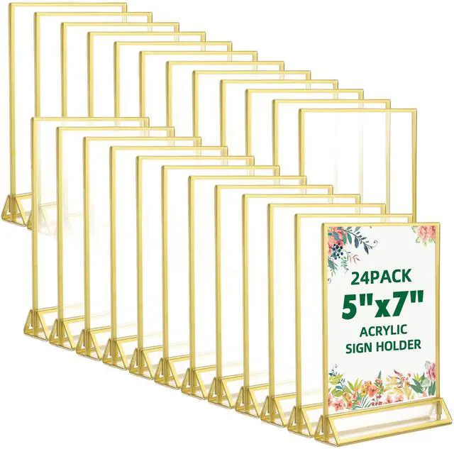 Main image of 24-Pack 5"x7" Gold Acrylic Picture Frames 3mm Gold Border Wedding Table Number Holders, Clear Double-Sided Acrylic Sign Holders for Weddings, Banquets, Parties, Centerpieces