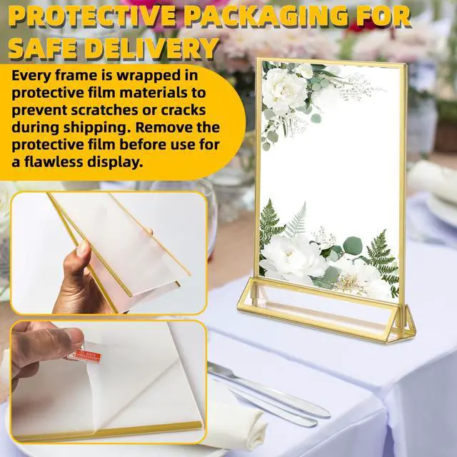 Alt view image 6 of 7 - 24-Pack 5"x7" Gold Acrylic Picture Frames 3mm Gold Border Wedding Table Number Holders, Clear Double-Sided Acrylic Sign Holders for Weddings, Banquets, Parties, Centerpieces