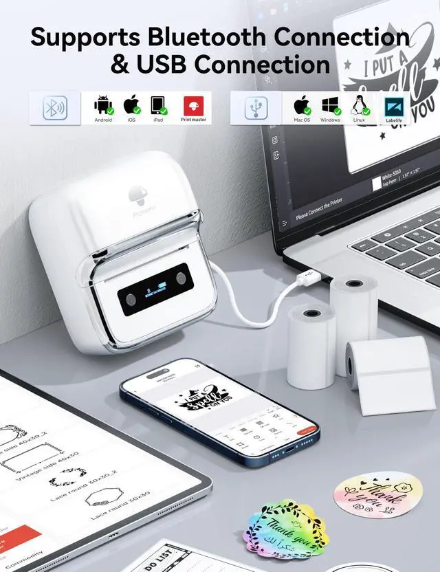 Alt view image 5 of 7 - M250 3 Inch Label Maker Machine with 3 Roll Labels | Bluetooth Thermal Label Printer, Upgrade Portable Barcode & Address Label Maker for Business, Home, School, Logo Label