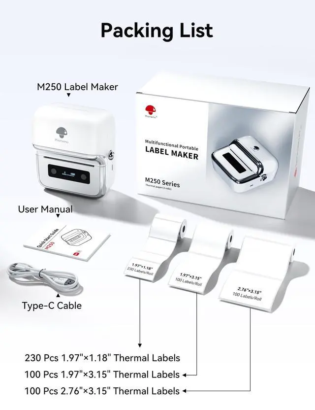 Alt view image 6 of 7 - M250 3 Inch Label Maker Machine with 3 Roll Labels | Bluetooth Thermal Label Printer, Upgrade Portable Barcode & Address Label Maker for Business, Home, School, Logo Label