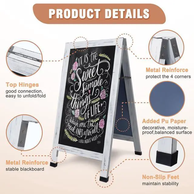 Alt view image 6 of 7 - Solid Wood A-Frame Chalkboard - 40" x 20" Magnetic Sandwich Board Signs Outdoor Standing Chalk Board Easel Sidewalk Pizarra for Wedding, Business, Party - Rustic White