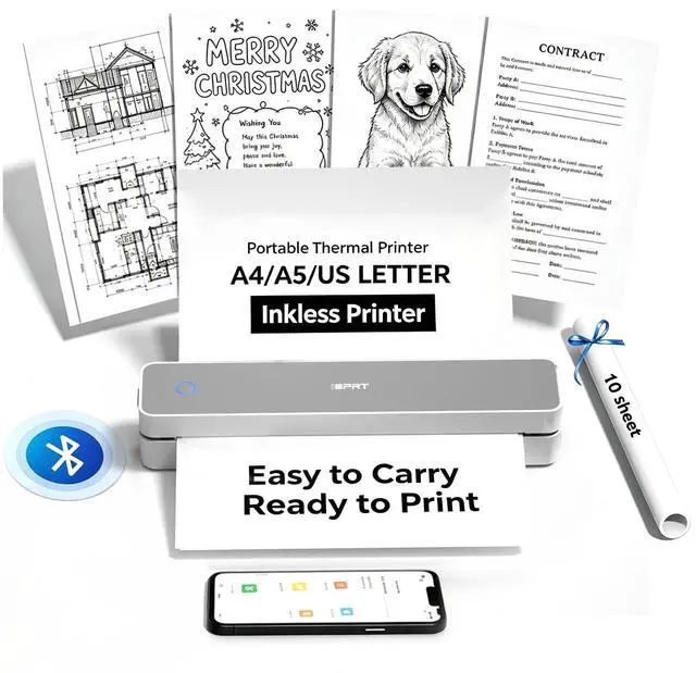 Main image of MT610 Portable Thermal Printer, 203DPI Mobile-Travel-Printers, Inkless-Wireless-Small-Printer for Home Use, Office, Vehicles, Bluetooth Printers Supports 8.5" x 11" US Letter&A4&A5, White