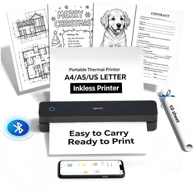Main image of MT610 Portable Thermal Printer, 203DPI Mobile-Travel-Printers, Inkless-Wireless-Small-Printer for Home Use, Office, Vehicles, Bluetooth Printers Supports 8.5" x 11" US Letter&A4&A5, Black