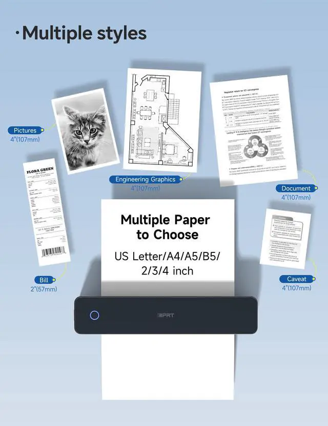Alt view image 3 of 7 - MT610 Portable Thermal Printer, 203DPI Mobile-Travel-Printers, Inkless-Wireless-Small-Printer for Home Use, Office, Vehicles, Bluetooth Printers Supports 8.5" x 11" US Letter&A4&A5, Black