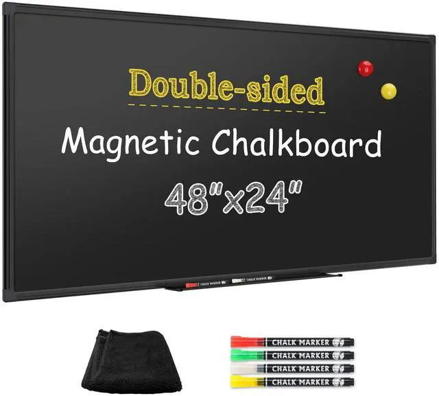 Main image of Double-Sided Magnetic Chalkboard 48 x 24 Inches - Black Aluminum Frame Chalk Board Words Sign Wall Decor Long Plaque Pizarra for Business, Menu, School, Office